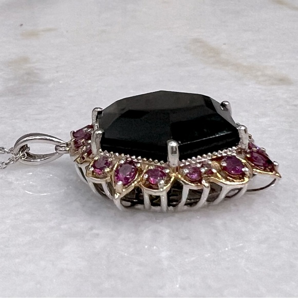 Black Tourmaline Rhodolite Garnet 14K YG Sterling Silver Pendant Necklace - Picture 7 of 13